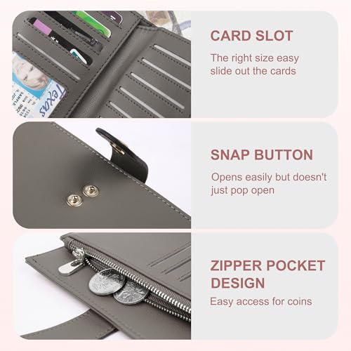 yiijay Women's Wallet RFID Blocking Leather Trifold Clutch Wallet Credit Card Holder Ladies Travel Wallet Purse with Passport/Pen Holder - color: 1Light Grey