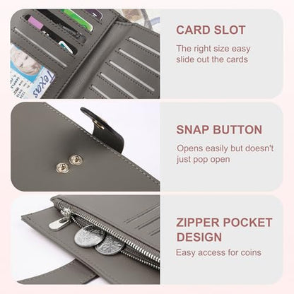 yiijay Women's Wallet RFID Blocking Leather Trifold Clutch Wallet Credit Card Holder Ladies Travel Wallet Purse with Passport/Pen Holder - color: 1Light Grey
