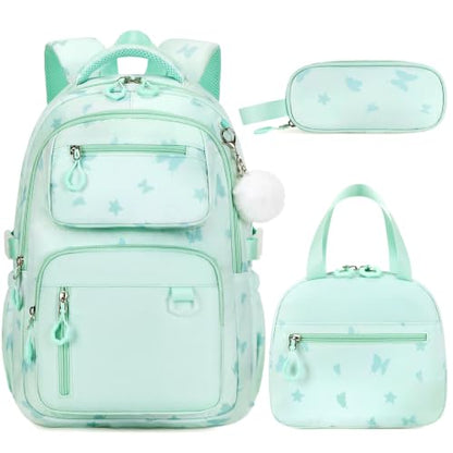 Bevalsa Backpack for Girls Backpack for School with Lunch Bag Pencil Case - color: Green Butterfly