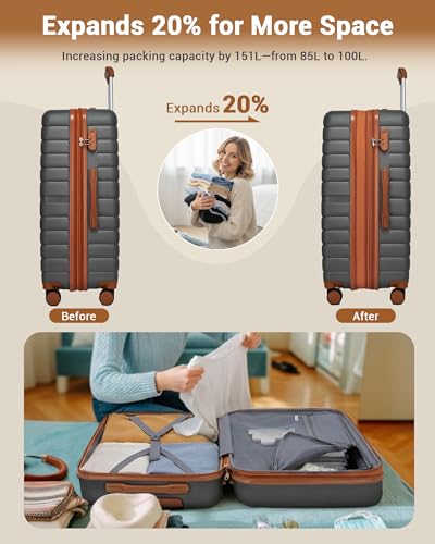 Kono Luggage Sets 2 Piece, Expandable 28 Inch Luggage with Spinner Wheels, Lightweight & Anti-Scratch PC+ABS Hardshell Travel Rolling Suitcase Large Checked Luggage with Duffel Bag, Grey/Brown - color: Grey/Brown, size: 2 Piece Set (28/Db)