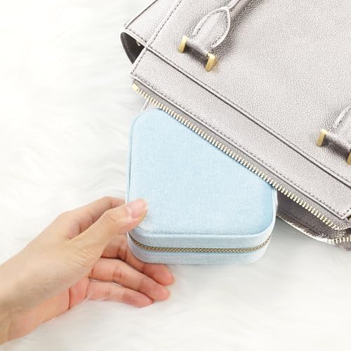 Plush Velvet Travel Jewelry Case Organizer Portable Storage Box - color: Light Blue