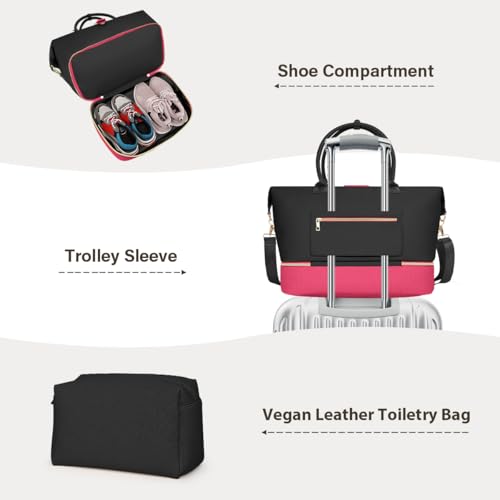 Leather Weekender Bags for Women, Travel Duffel Bag PU Overnight Bag Carry On Tote Bag with Shoe Compartment Wet Pocket - color: Black Pink, size: Large