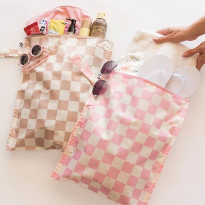Tiny Twinkle Mess Proof Wet Bags | 2-Pack Reusable Waterproof Wet Bags for Swimsuits | Baby Clothes | Travel & Diaper Bag (Pink, Brown Checkers) - color: Pink, Brown Checkers, size: 2 Pack