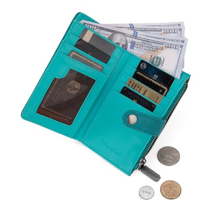 Wrangler Wallet for Women Bifold Card Holder with Zipper and ID Window - color: Cow Print - Light Turquoise