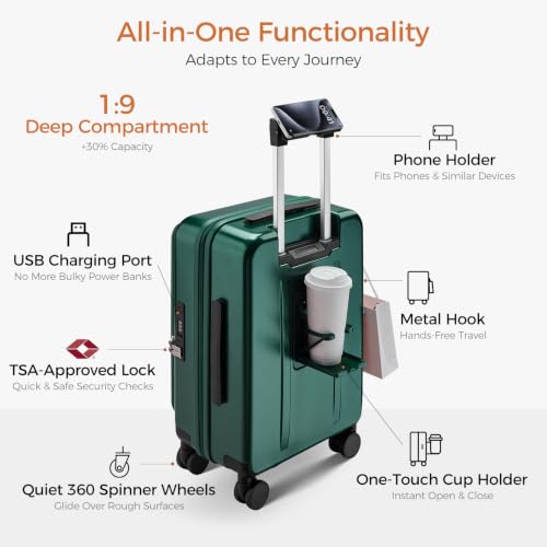 Carry On Luggage Top Opening with Cup Holder & Phone Holder, Expandable PC Hard Shell Suitcase with USB Charging Port, Side Hook, 360° Spinner Wheels, TSA Lock & YKK Zippers - color: Dark Green