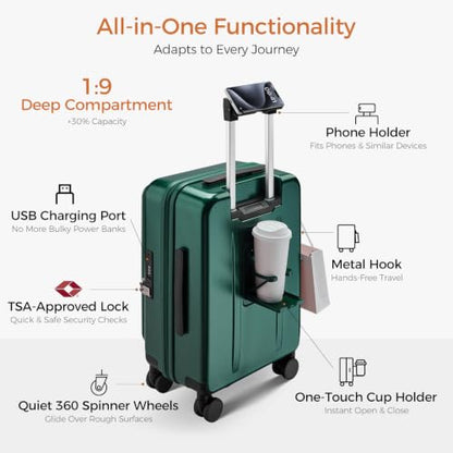Carry On Luggage Top Opening with Cup Holder & Phone Holder, Expandable PC Hard Shell Suitcase with USB Charging Port, Side Hook, 360° Spinner Wheels, TSA Lock & YKK Zippers - color: Dark Green