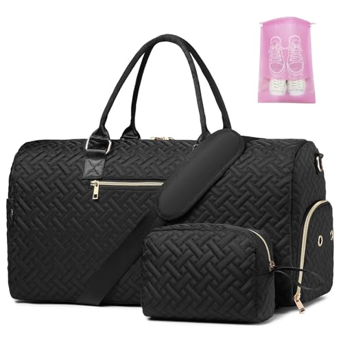 Duffle Bag for Travel, Weekender Bag with Shoe Compartment, Carry On Overnight Bag for Women with Toiletry Bag, Gym Bag with Wet Pocket, Hospital Bags for Labor and Delivery Beige - color: Black Gold, style: Style1