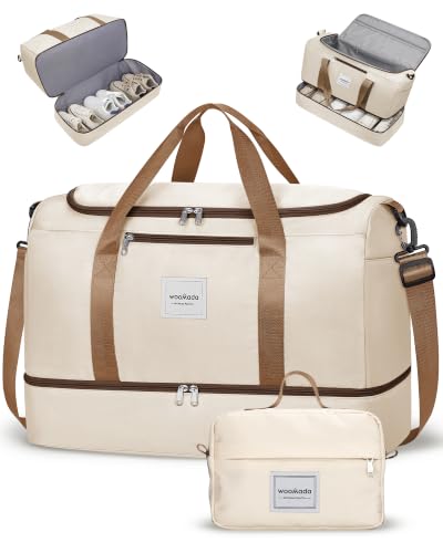 WOOMADA Extra Large Travel Duffle Bag with Shoes Compartment, Women Weekend Carry On Overnight Bag with Detachable Crossbody Bag for Travel, Business, Sports & Hospital(beige) - color: Beige