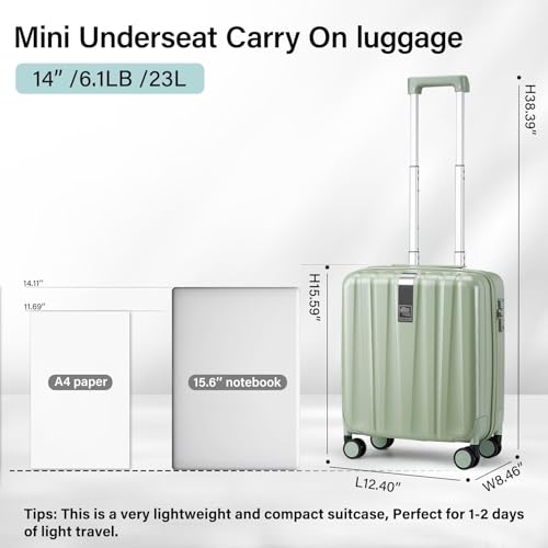 Hanke 14 Inch Underseat Carry On Luggage with Wheels Hard Shell Suitcases Carry On Bag Lightweight Small Mini Suitcase Travel Luggage for Travel（Bamboo Green） - color: Bamboo Green, size: 14 Inch