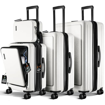 TRAVELARIM White Hardshell Luggage Sets 4 Piece, Durable Suitcase Set, Travel Luggage Set with Integrated TSA Lock, 360° Spinner Wheels, Expandable Medium and Large Checked Suitcase, 20/24/28 Inch - color: White