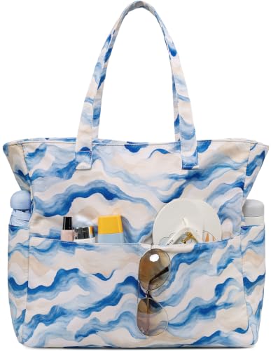 LEDAOU Beach Bag Waterproof Sandproof Women Beach Tote Pool Bag with Zipper for Swim Gym Grocery Travel with Wet Pocket - color: Blue Waves