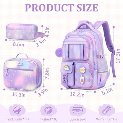 School Backpack for Girls - 5pcs Cute Girls Backpack with Lunch Box for Teens Kids Elementary Middle School - 17″ Students Bookbag Travel Back Pack for Age 6-18 - color: Tm-diamond Purple-backpack Set