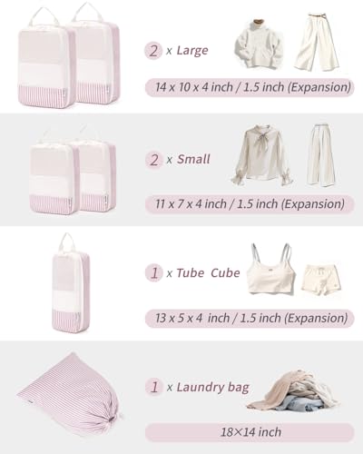 Narwey Compression Packing Cubes for Travel, Cute Luggage Organizer Bags - color: ZY-Dusty Pink Stripe