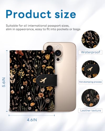 RFID Passport Holder with Tracker Slot, Leather Travel Wallet - color: Yellow Flowers