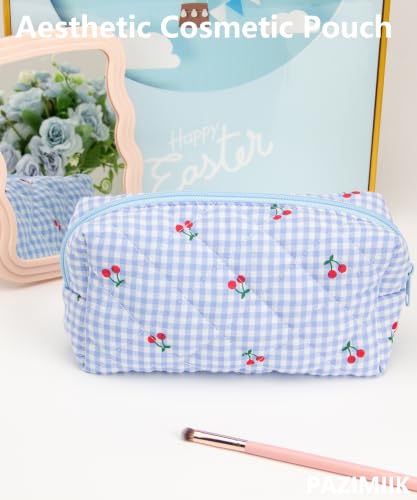 PAZIMIIK Small Quilted Makeup Bag,Zipper Cosmetic Pouch,Gingham Blue Cherry - color: Gingham Blue Cherry