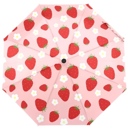 Automatic Auto Open Close Compact Printed Travel Umbrella for Rain Water-Resistant Mini Small Size Lightweight Folding Umbrella - color: Strawberry