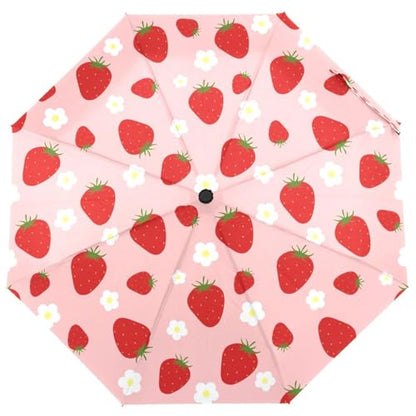 Automatic Auto Open Close Compact Printed Travel Umbrella for Rain Water-Resistant Mini Small Size Lightweight Folding Umbrella - color: Strawberry