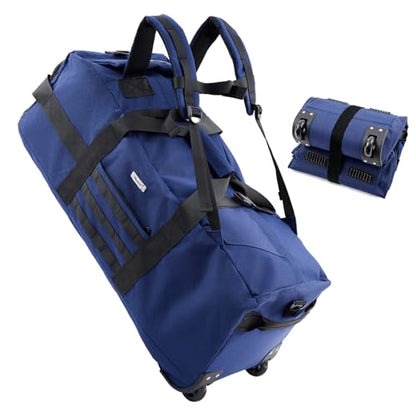 80L Travel Rolling Duffel Bag with wheels, Military Tactical Wheeled Foldable for Deployment Travel Camping Sports - color: Blue