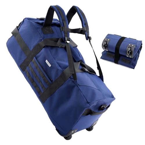 80L Travel Rolling Duffel Bag with wheels, Military Tactical Wheeled Foldable for Deployment Travel Camping Sports - color: Blue
