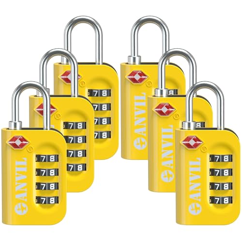 ANVIL TSA Approved Luggage Lock - 4 Digit Combination, 10,000 Combinations, Easy-Read Password Window, Travel Lock for Suitcases, Backpacks, Gym & Student Lockers, Baggage - color: YELLOW 6 PACK