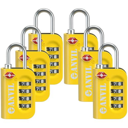 ANVIL TSA Approved Luggage Lock - 4 Digit Combination, 10,000 Combinations, Easy-Read Password Window, Travel Lock for Suitcases, Backpacks, Gym & Student Lockers, Baggage - color: YELLOW 6 PACK