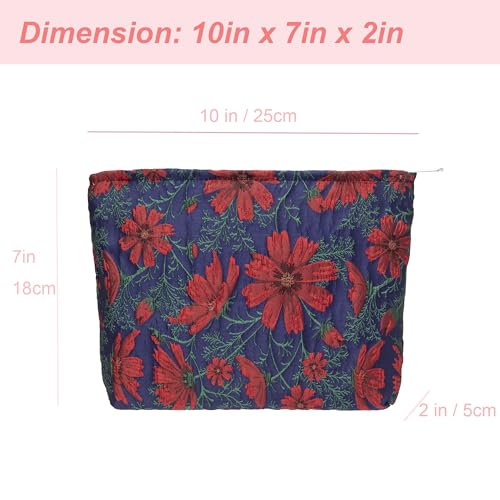 Flat Makeup Bag for Women,Zipper Cosmetic Pouch for Purse,Brocade Navy Blue - color: Brocade Navy Blue