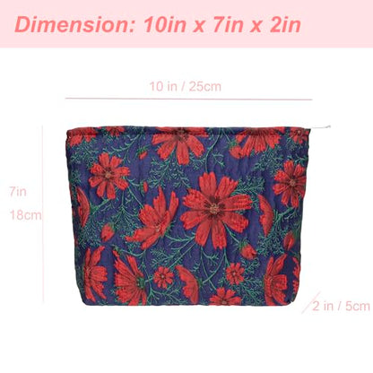 Flat Makeup Bag for Women,Zipper Cosmetic Pouch for Purse,Brocade Navy Blue - color: Brocade Navy Blue