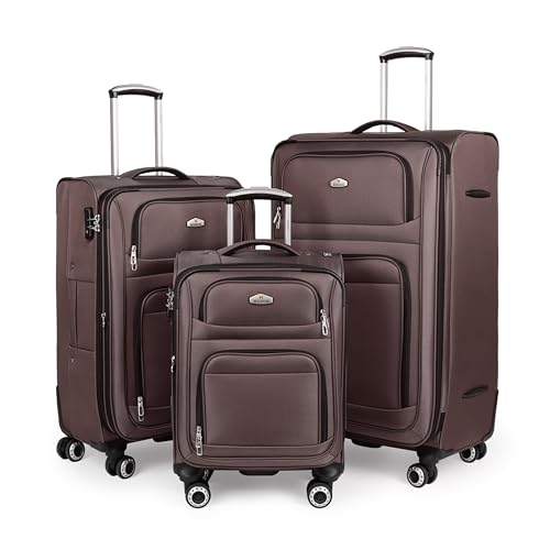 Softside Luggage Sets 3 Piece w/Front Pockets,Expandable - color: Coffee, size: 3-Piece Set (20"/26"/30'')