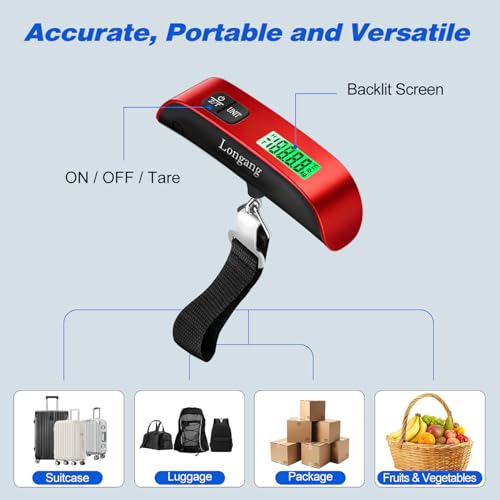 Digital Hanging Luggage Scale with Backlit for Travel, Portable Handheld Suitcase Weight Scale with Hook, 110 Pounds, Battery Included - color: Red