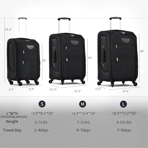 Merax Luggage Set, Softside Suitcase 3 Piece, Expandable Lightweight - color: Black-22/26/30/DB/TB