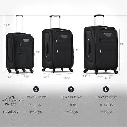 Merax Luggage Set, Softside Suitcase 3 Piece, Expandable Lightweight - color: Black-22/26/30/DB/TB