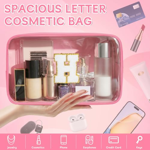 Initial Clear Makeup Bag, Birthday Gift Chenille Patch Cosmetic Bag - color: Pink, size: H
