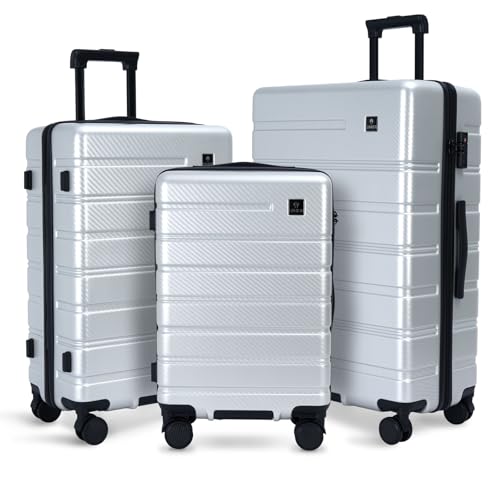 Luggage Sets 3 Piece, 100% PC Hardside Luggage with Spinner Wheel TSA LOCK Lightweight Quiet Suitable for Men and Women, Family Y01 Silver 20/24/28(Diagonal stripes) - color: Silver, size: 20"/24"/28"-Non-Expandable