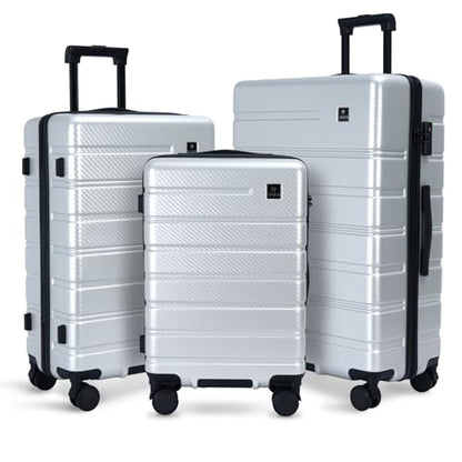 Luggage Sets 3 Piece, 100% PC Hardside Luggage with Spinner Wheel TSA LOCK Lightweight Quiet Suitable for Men and Women, Family Y01 Silver 20/24/28(Diagonal stripes) - color: Silver, size: 20"/24"/28"-Non-Expandable