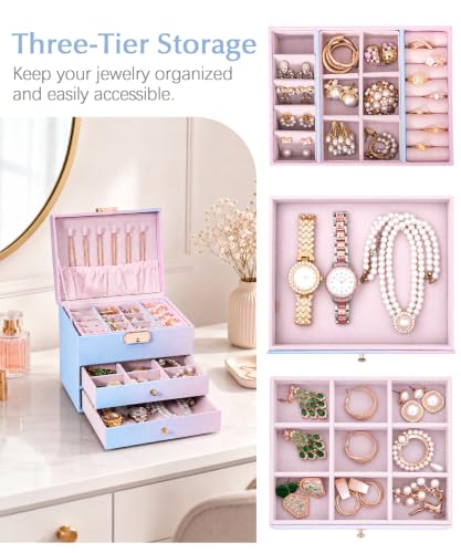 Homde Small Jewelry Box for Girls: 3-Layer Lockable Organizer (Blue-Pink) - color: Blue-Pink Gradient