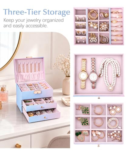 Homde Small Jewelry Box for Girls: 3-Layer Lockable Organizer (Blue-Pink) - color: Blue-Pink Gradient