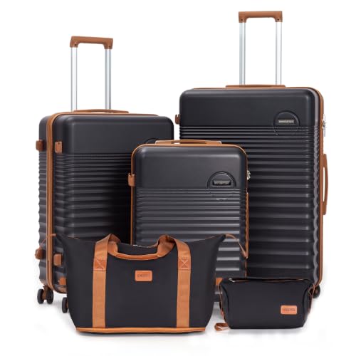 CONCEPTEN Luggage Sets 5 Piece, ABS+PC Hardshell Suitcases with Wheels - color: Black, size: 5 Piece Sets (20/24/28/Db/Tb)