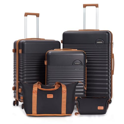 CONCEPTEN Luggage Sets 5 Piece, ABS+PC Hardshell Suitcases with Wheels - color: Black, size: 5 Piece Sets (20/24/28/Db/Tb)