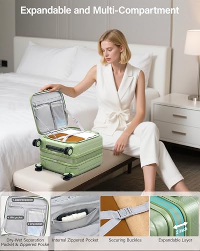 Hanke Top Opening Carry-On - Expandable 16 Inch Airline Approved Spinner - color: Bamboo Green, size: 16 Inch Expandable