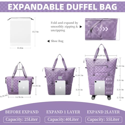 Rolling Duffle Bag with Wheels and Shoe Bag Expandable Foldable Travel Duffel Bag Carry on Luggage Bag Checkerboard Weekender Bag for Men Women - color: Purple+Shoe Bag