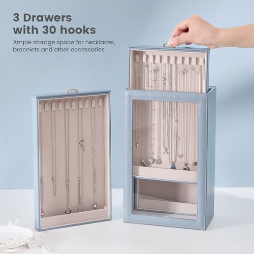 Lolalet Necklace Organizer Box, Jewelry Display Case, Blue, 3 Layers - color: Dusty Blue, size: 3 Layers, 30 Hooks