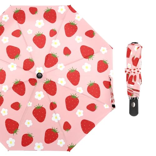 Automatic Auto Open Close Compact Printed Travel Umbrella for Rain Water-Resistant Mini Small Size Lightweight Folding Umbrella - color: Strawberry