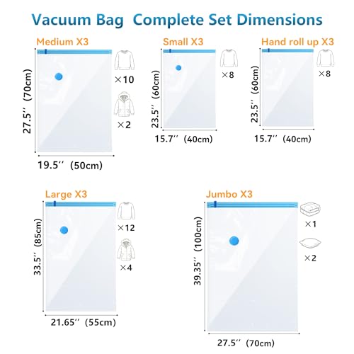 15 Pack Vacuum Storage Bags，Space Saver Bags(3 Jumbo/3 Large/3 Medium/3 Small/3 Roll),Compression for Comforters and Blankets, Sealer Clothes Storage, Hand Pump Included - size: 15 Combo