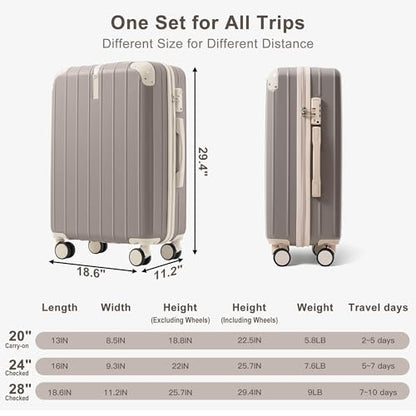 Travel Luggage Set 3 Piece, Premium ABS Hardshell Suitcase with TSA Lock, 20/24/28 Inch Lightweight Spinner Wheels, Durable Lightweight Carry On Bag Sets - color: B - Light Grey