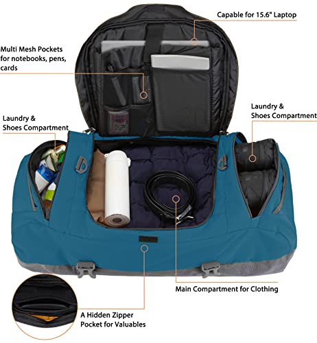 Ubon Convertible Duffel Backpack Weekender Gym Bag with Shoe Compartment - color: Dark Teal, size: 55L