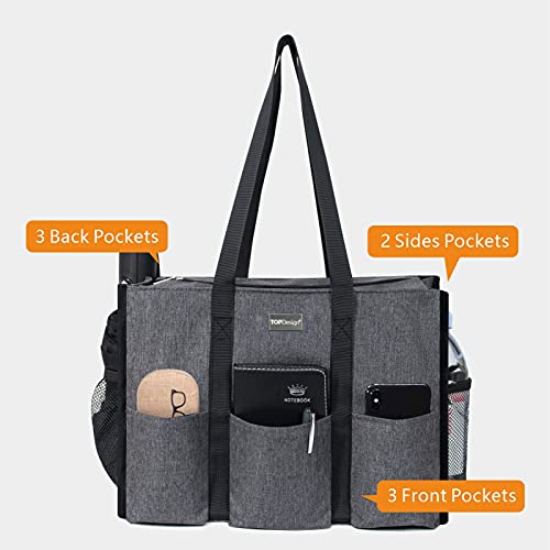 TOPDesign Utility Water Resistant Tote Bag with 13 Pockets, Zipper Closure - color: Grey, size: Large