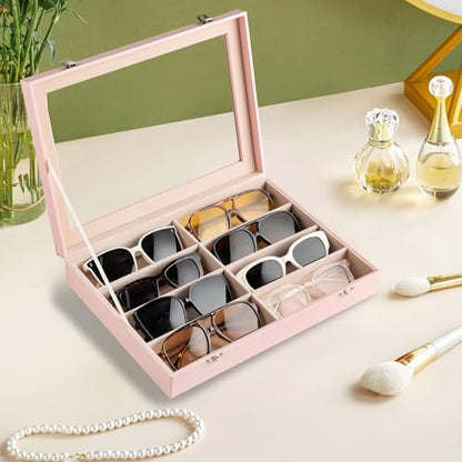 Frebeauty 8-Slot Sunglass Organizer,Sunglass Holder with Clear Lid - color: Pink, size: With Lid
