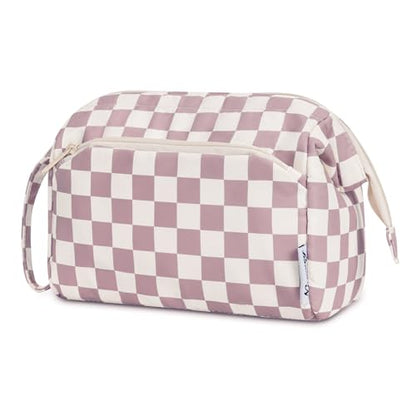 Narwey Travel Makeup Bag Toiletry Bag, Wide Open Cosmetic Bag for Women - color: C-Dusty Rose Checkerboard, size: Small