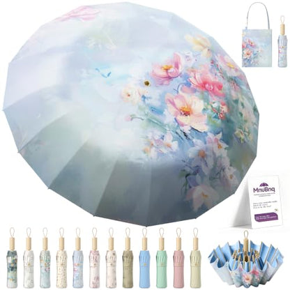 Sun Umbrella UV Protection Cute Windproof Walking Parasol for Women - color: Blue-Outer-Floral