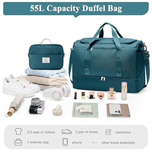Travel Duffle Bag with Shoe Compartment, XL Weekender Bags for Women - color: B-Peacock Blue with Toiletry Bag, size: Extra Large
